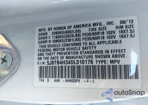 2013 Acura Rdx from USA, damaged, VIN 5J8TB4H34DL010176